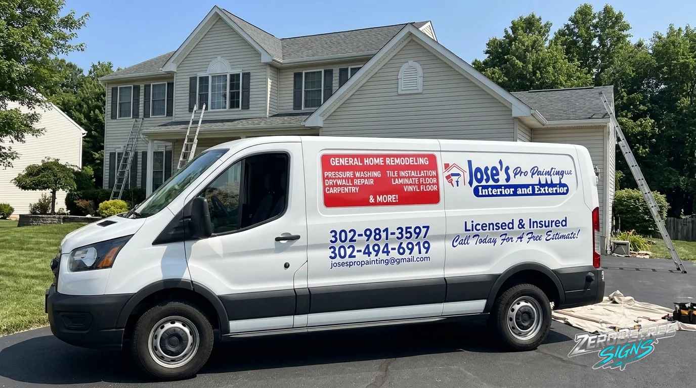 Jose's Pro Painting LLC service van parked at a Delaware home — licensed, insured, and serving all of Delaware